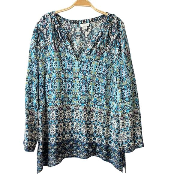 J. Jill Boho Floral Tunic Blouse Top‎ Women M Blue Cottagecore Coastal Grandma - Picture 1 of 11